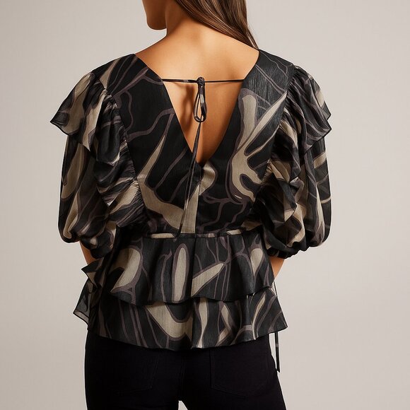 TED BAKER LONDON Jasmyna Metallic Purple/Black Ruffle Shimmer Top Medium - Picture 2 of 7